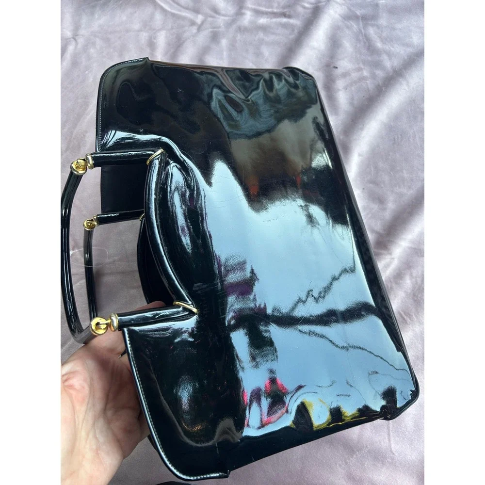 Vintage Lewis Black Patent Leather Top Handle Bag Kiss Lock Gold Hardware